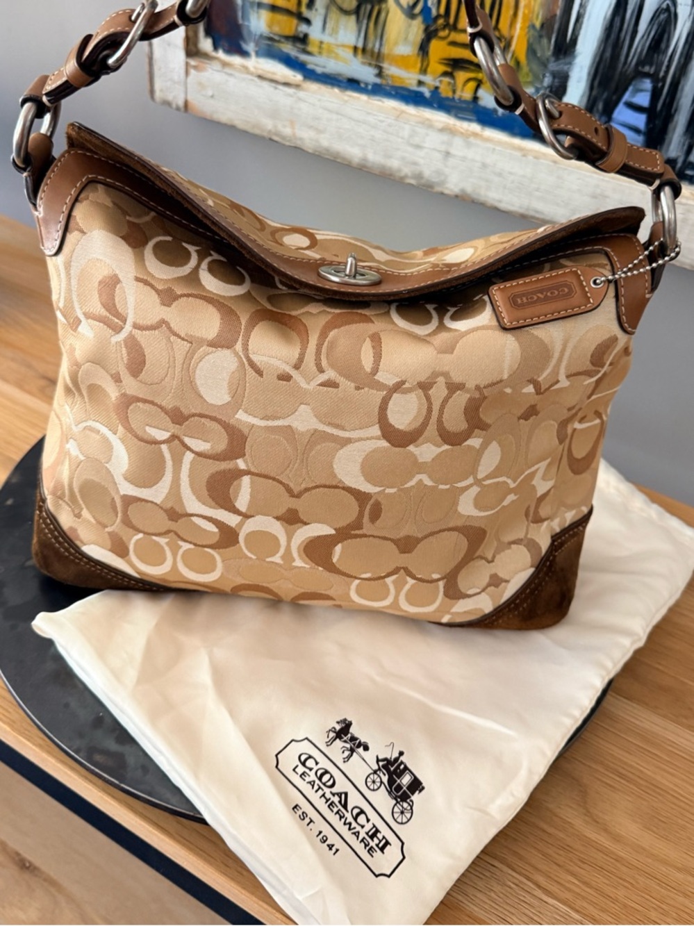 Coach Tan Signature Jacquard Chelsea 2003 Hobo Bag Brown Suede Bottom Dust Bag